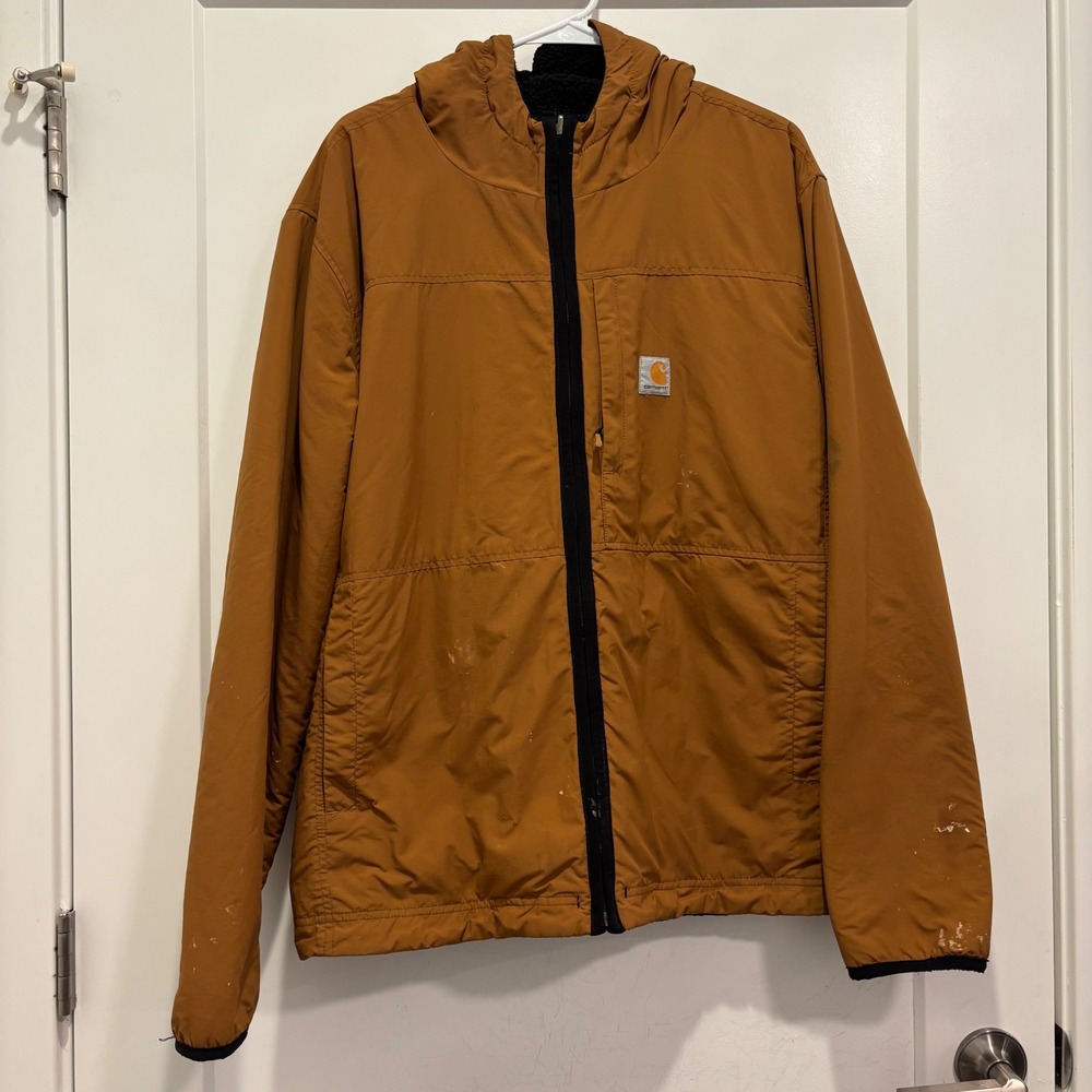 Carhartt Mens Sherpa Lined Nylon Hooded Jacket Brown Full Zip Workwear Coat XL